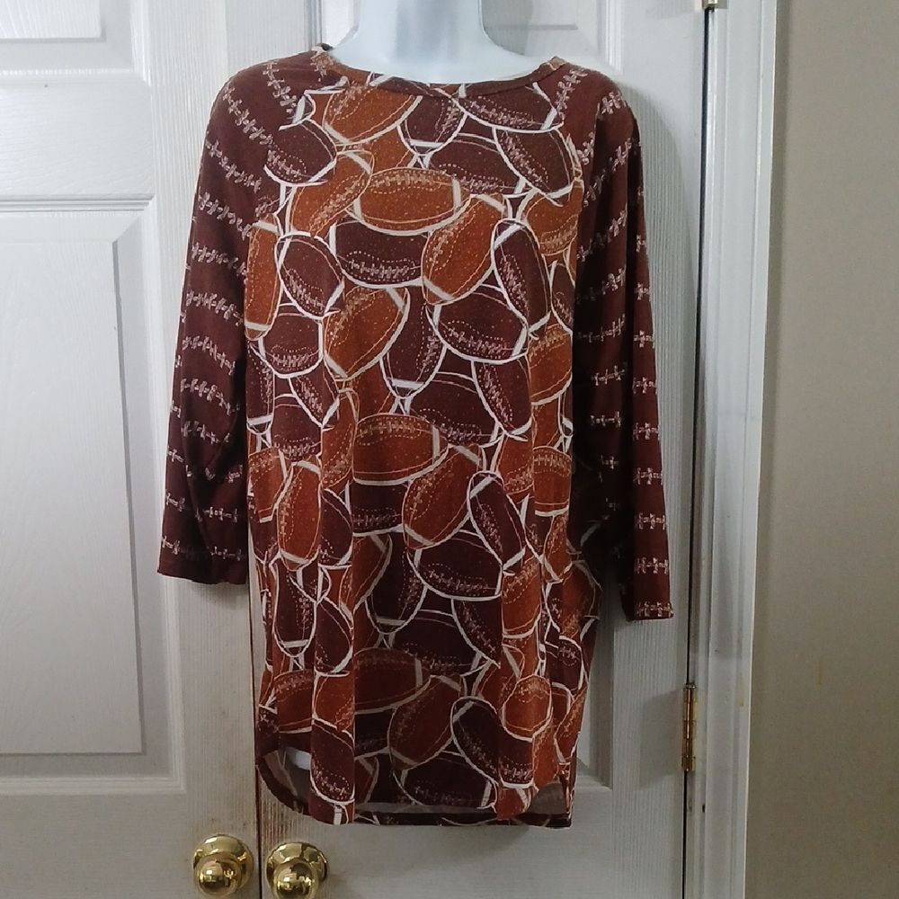 LuLaRoe Brown, Tan, White Football Print Long Sleeve Top Sz XL NWOT